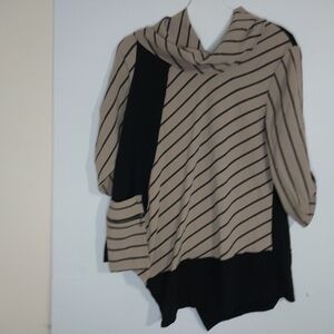 Ali Miles Beige and Black Striped Cowl Neck Sweater